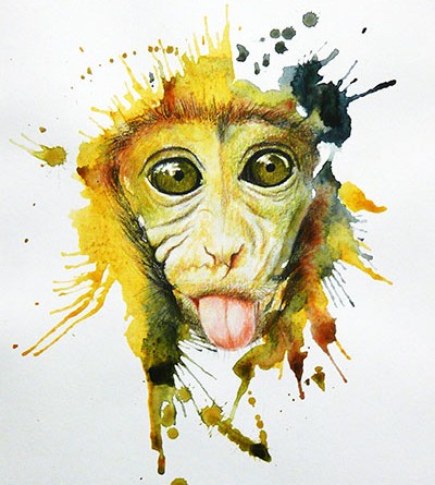 Портрет обезьяны акварелью и карандашами