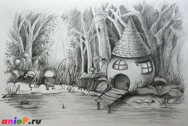 иллюстрация со сказочным домиком простым карандашом